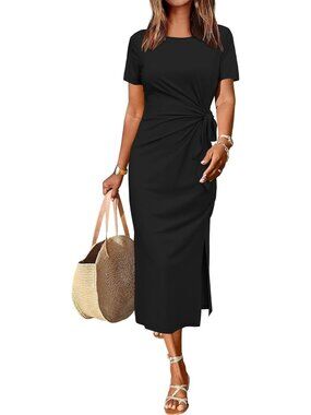 Women's Black Casual Short/Long Sleeve Crewneck T Shirt Maxi Dress Tie Waist